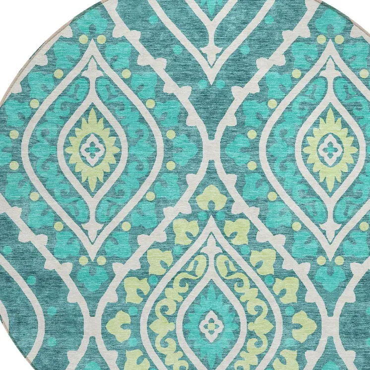 8' Teal Blue Ivory And Artichoke Green Round Floral Washable Indoor Outdoor Area Rug