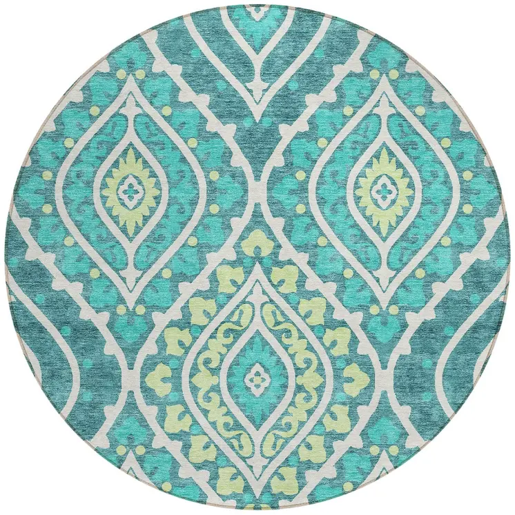 8' Teal Blue Ivory And Artichoke Green Round Floral Washable Indoor Outdoor Area Rug