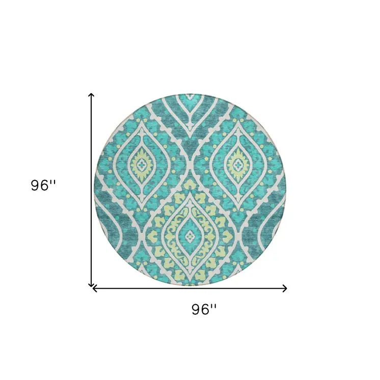 8' Teal Blue Ivory And Artichoke Green Round Floral Washable Indoor Outdoor Area Rug