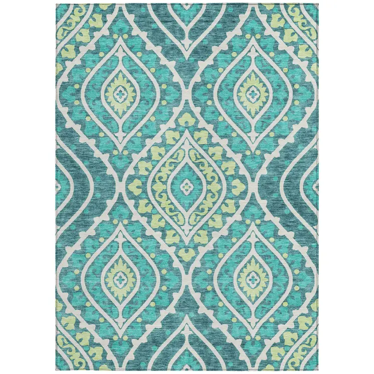 8' X 10' Teal Blue Ivory And Artichoke Green Floral Washable Indoor Outdoor Area Rug