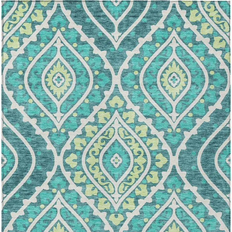9' X 12' Teal Blue Ivory And Artichoke Green Floral Washable Indoor Outdoor Area Rug