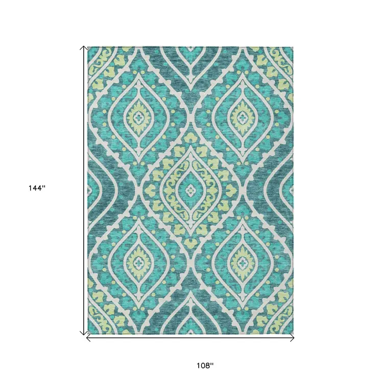 9' X 12' Teal Blue Ivory And Artichoke Green Floral Washable Indoor Outdoor Area Rug