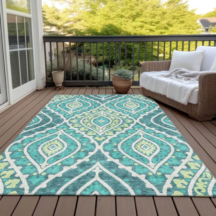 9' X 12' Teal Blue Ivory And Artichoke Green Floral Washable Indoor Outdoor Area Rug