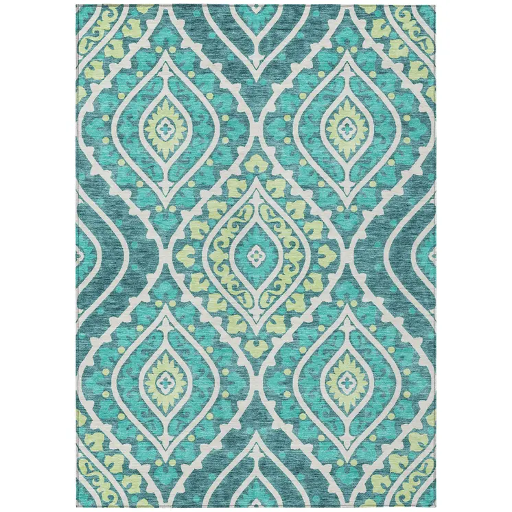 9' X 12' Teal Blue Ivory And Artichoke Green Floral Washable Indoor Outdoor Area Rug
