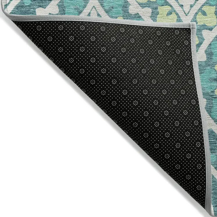 9' X 12' Teal Blue Ivory And Artichoke Green Floral Washable Indoor Outdoor Area Rug