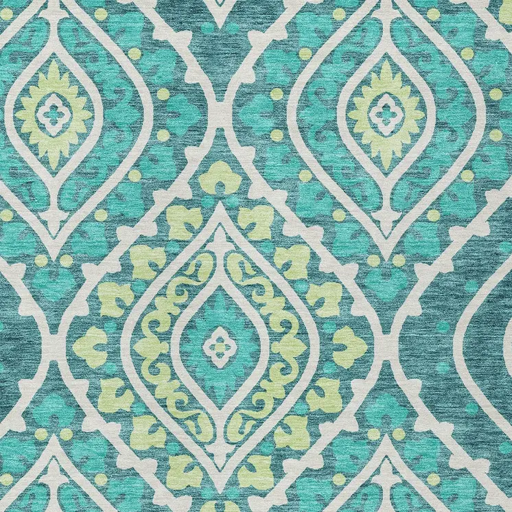 9' X 12' Teal Blue Ivory And Artichoke Green Floral Washable Indoor Outdoor Area Rug