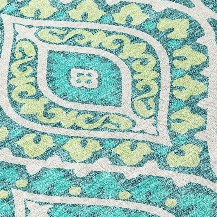 9' X 12' Teal Blue Ivory And Artichoke Green Floral Washable Indoor Outdoor Area Rug