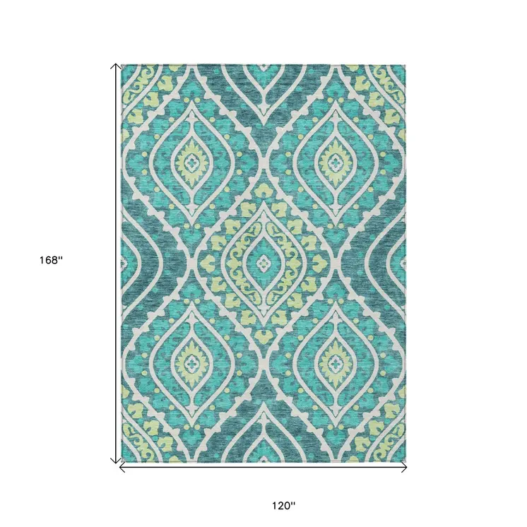 10' X 14' Teal Blue Ivory And Artichoke Green Floral Washable Indoor Outdoor Area Rug