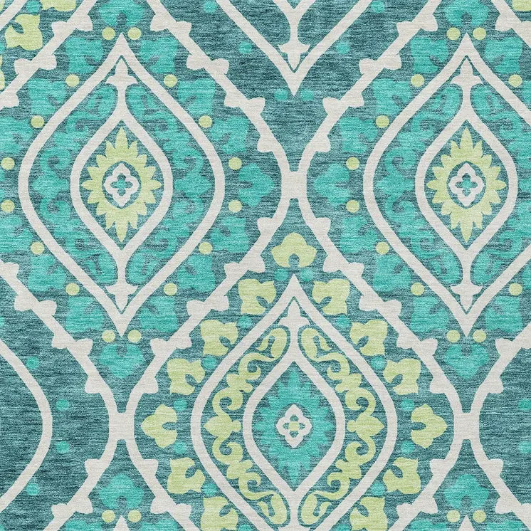 10' X 14' Teal Blue Ivory And Artichoke Green Floral Washable Indoor Outdoor Area Rug