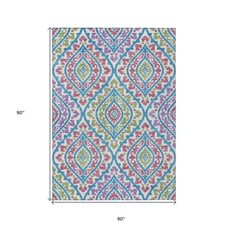 5' X 8' White Artichoke Green And Purple Floral Washable Indoor Outdoor Area Rug
