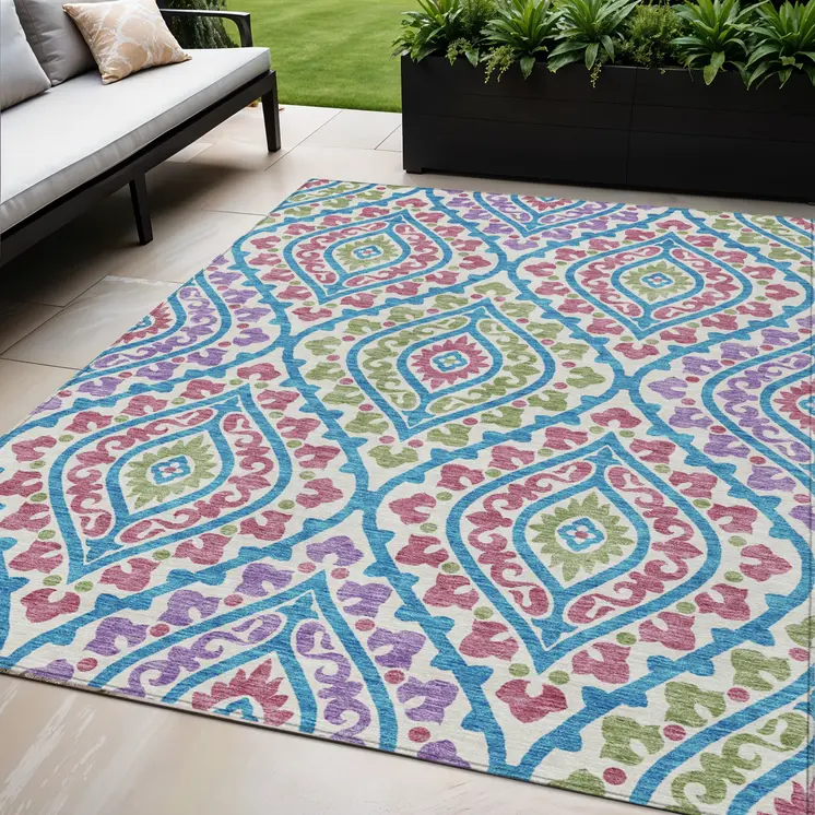 5' X 8' White Artichoke Green And Purple Floral Washable Indoor Outdoor Area Rug