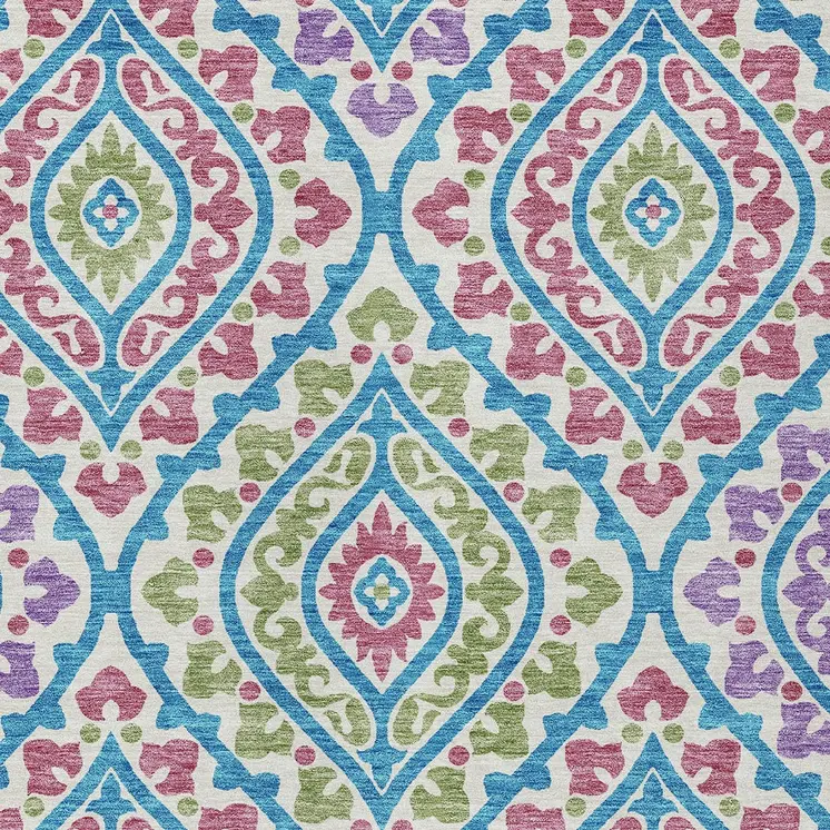 5' X 8' White Artichoke Green And Purple Floral Washable Indoor Outdoor Area Rug
