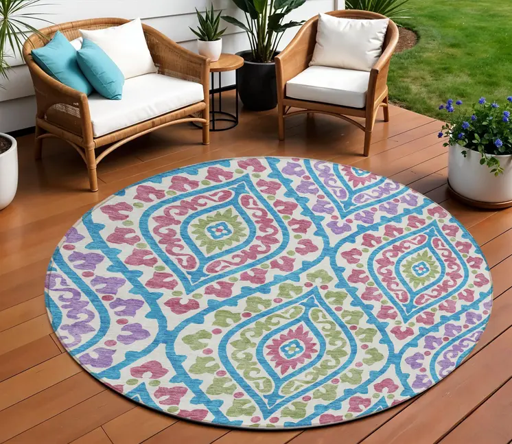 8' White Artichoke Green And Purple Round Floral Washable Indoor Outdoor Area Rug