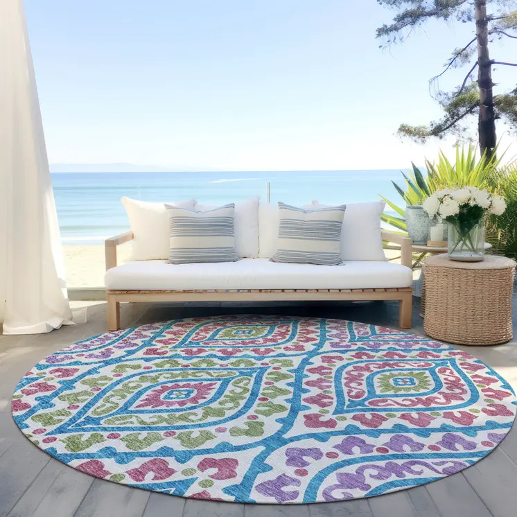8' White Artichoke Green And Purple Round Floral Washable Indoor Outdoor Area Rug