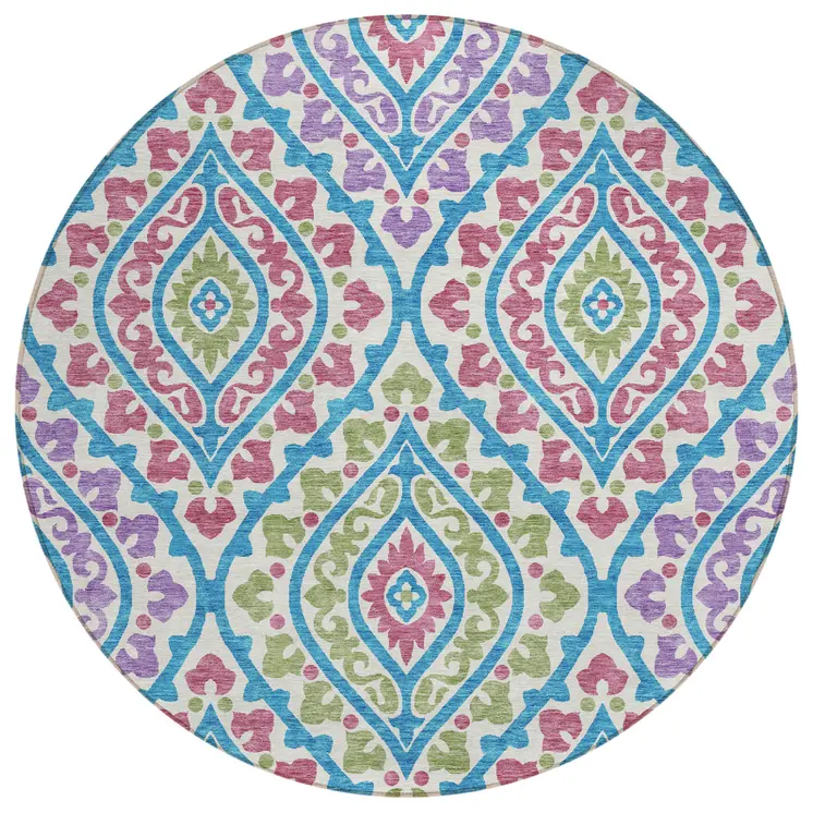 8' White Artichoke Green And Purple Round Floral Washable Indoor Outdoor Area Rug