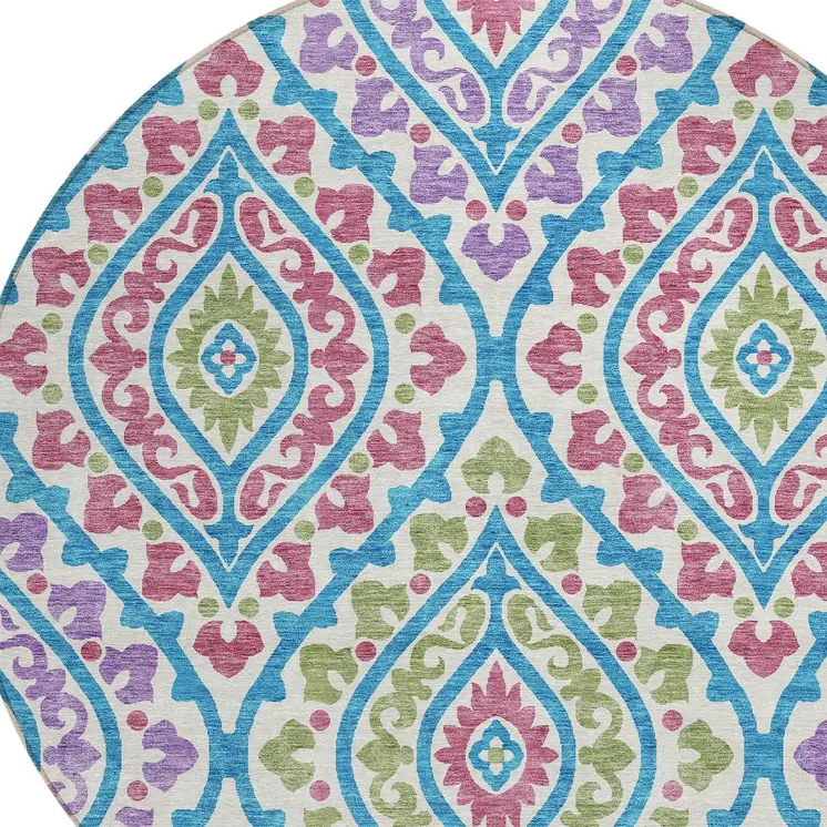 8' White Artichoke Green And Purple Round Floral Washable Indoor Outdoor Area Rug