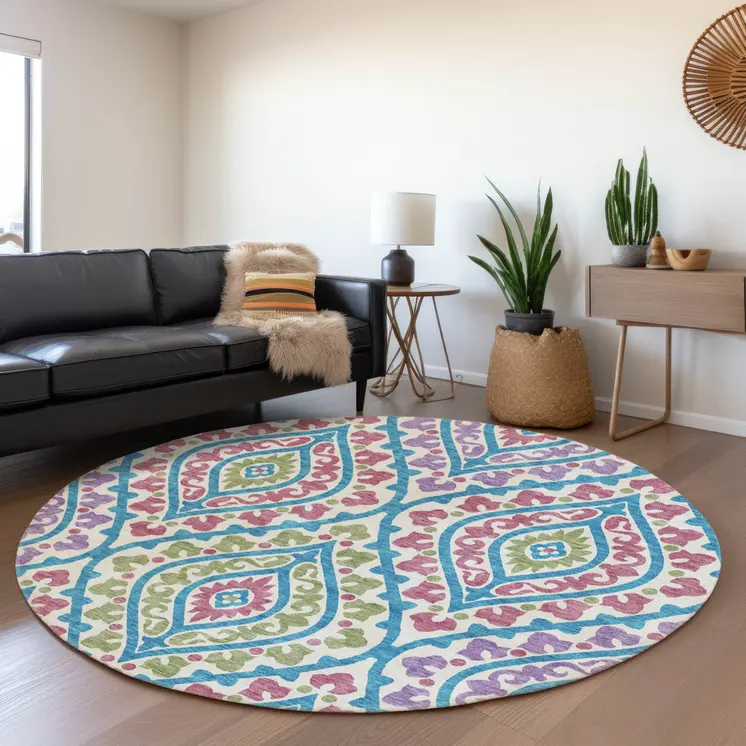 8' White Artichoke Green And Purple Round Floral Washable Indoor Outdoor Area Rug
