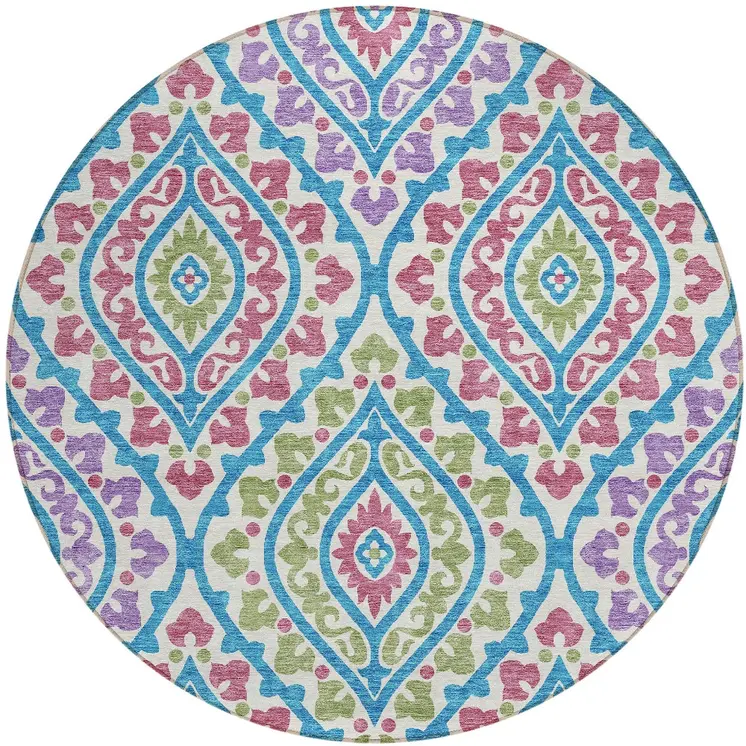 8' White Artichoke Green And Purple Round Floral Washable Indoor Outdoor Area Rug