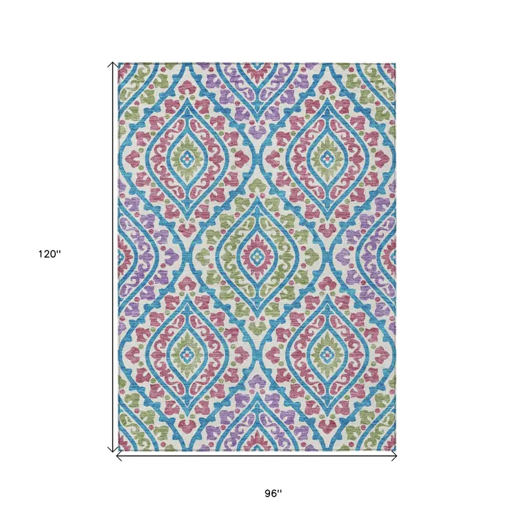 8' X 10' White Artichoke Green And Purple Floral Washable Indoor Outdoor Area Rug