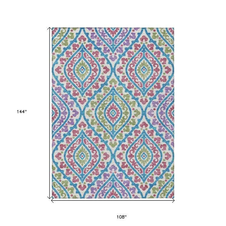 9' X 12' White Artichoke Green And Purple Floral Washable Indoor Outdoor Area Rug