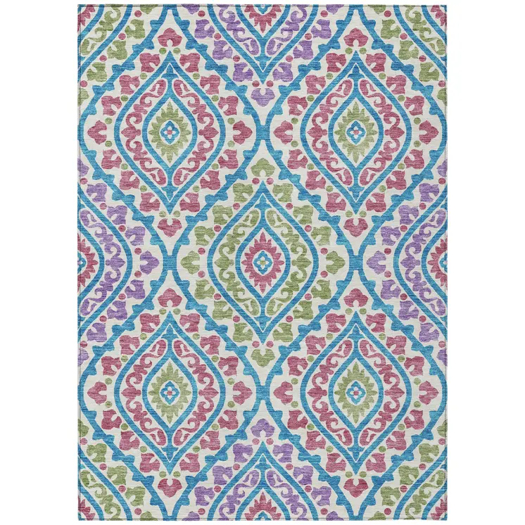 9' X 12' White Artichoke Green And Purple Floral Washable Indoor Outdoor Area Rug