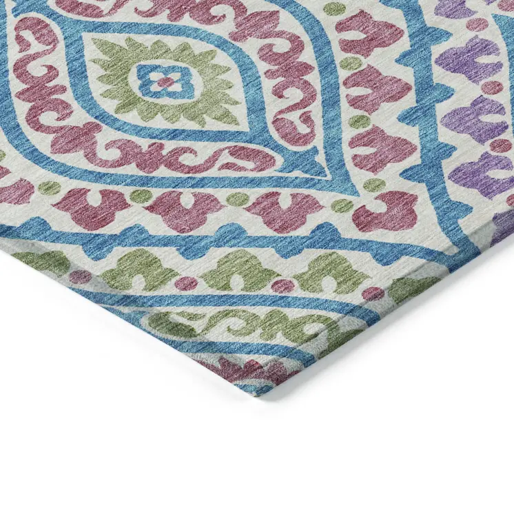 9' X 12' White Artichoke Green And Purple Floral Washable Indoor Outdoor Area Rug
