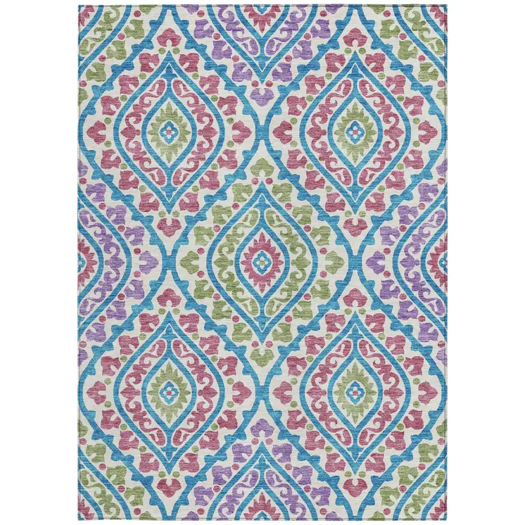 9' X 12' White Artichoke Green And Purple Floral Washable Indoor Outdoor Area Rug
