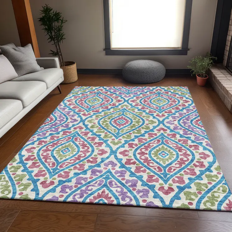 9' X 12' White Artichoke Green And Purple Floral Washable Indoor Outdoor Area Rug