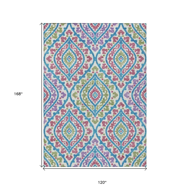 10' X 14' White Artichoke Green And Purple Floral Washable Indoor Outdoor Area Rug