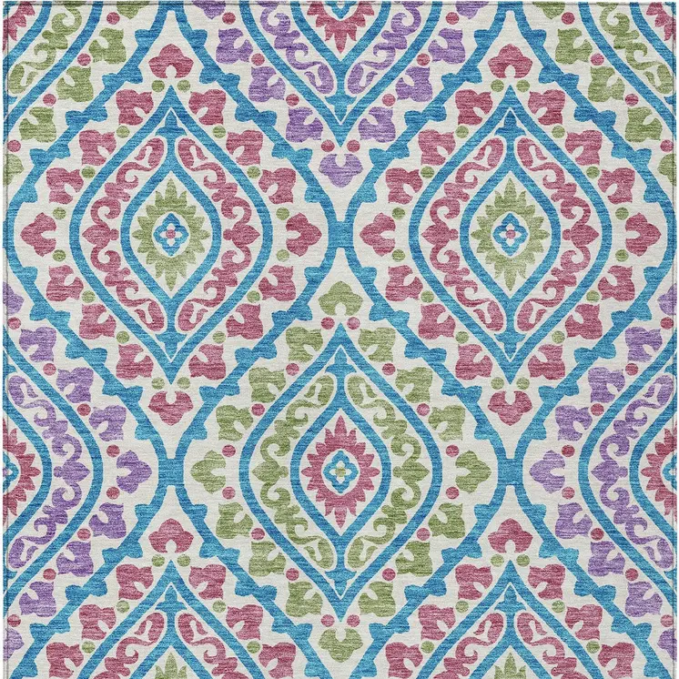 10' X 14' White Artichoke Green And Purple Floral Washable Indoor Outdoor Area Rug