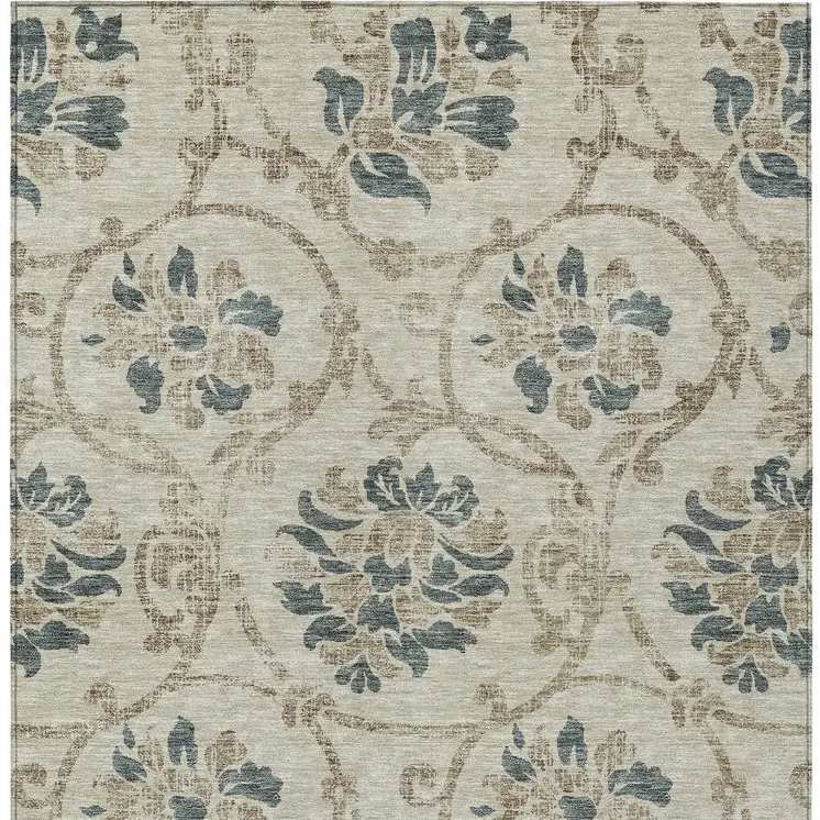 5' X 8' Beige Tan And Blue Floral Washable Indoor Outdoor Area Rug