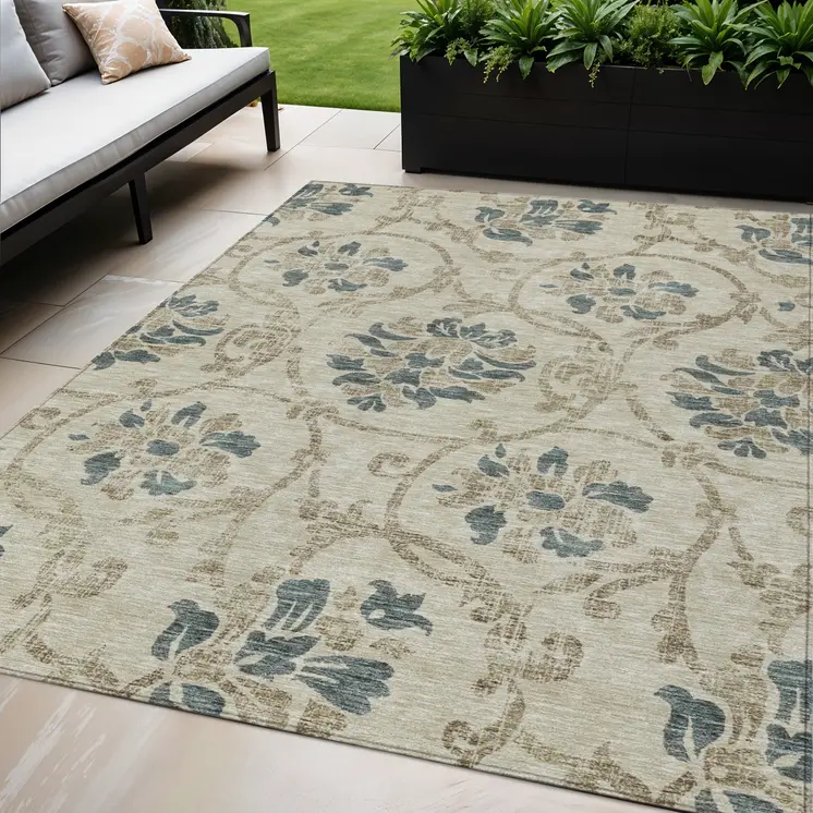 5' X 8' Beige Tan And Blue Floral Washable Indoor Outdoor Area Rug