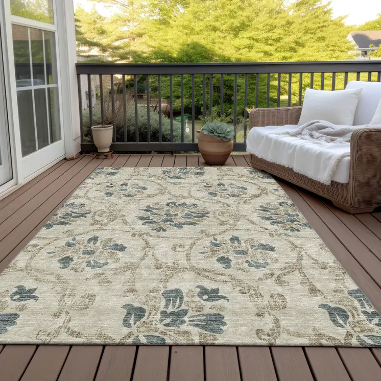 5' X 8' Beige Tan And Blue Floral Washable Indoor Outdoor Area Rug