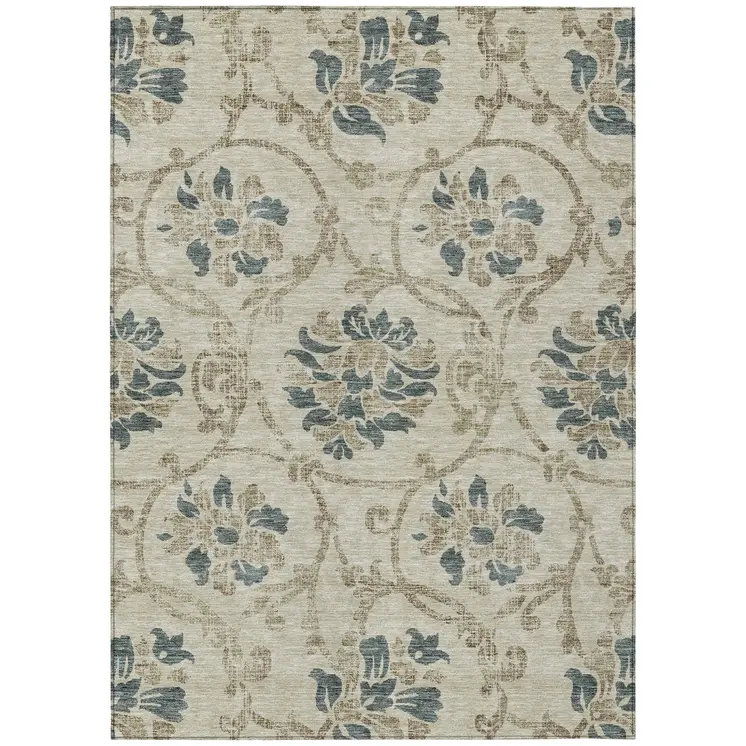 5' X 8' Beige Tan And Blue Floral Washable Indoor Outdoor Area Rug