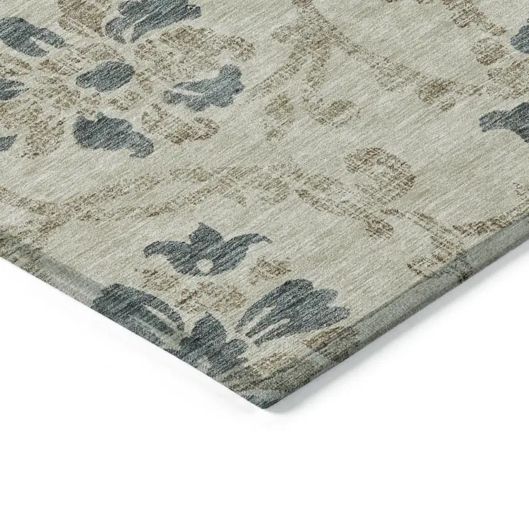 5' X 8' Beige Tan And Blue Floral Washable Indoor Outdoor Area Rug