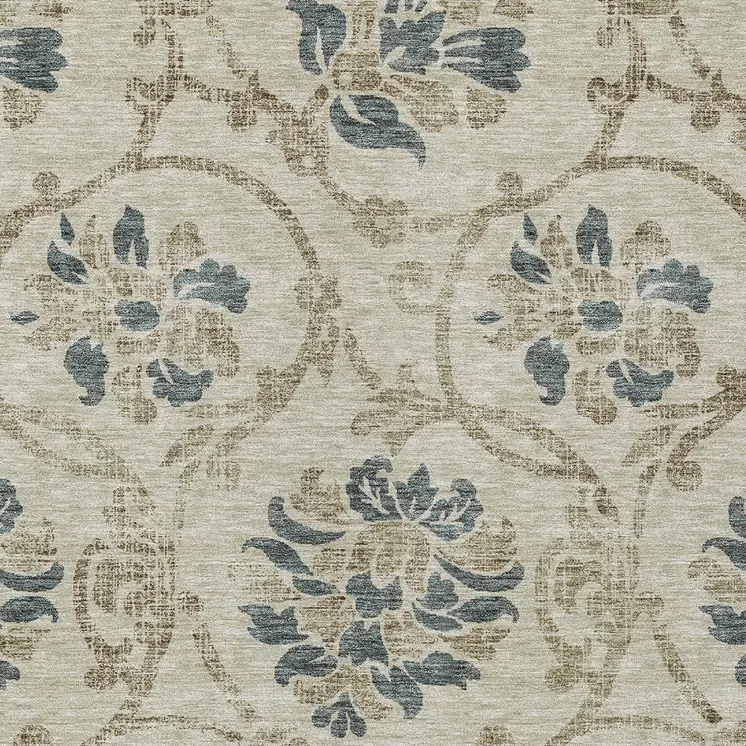 5' X 8' Beige Tan And Blue Floral Washable Indoor Outdoor Area Rug