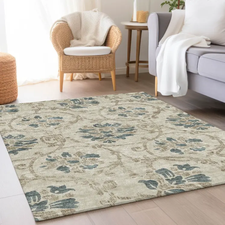 5' X 8' Beige Tan And Blue Floral Washable Indoor Outdoor Area Rug