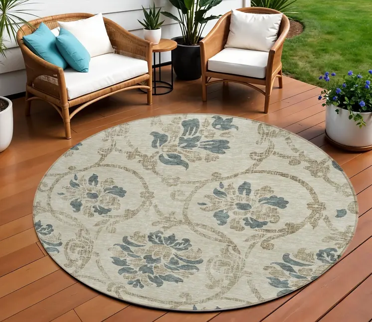 8' Beige Tan And Blue Round Floral Washable Indoor Outdoor Area Rug