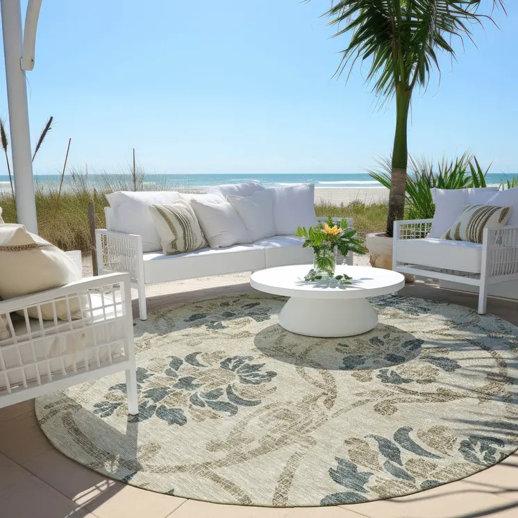8' Beige Tan And Blue Round Floral Washable Indoor Outdoor Area Rug