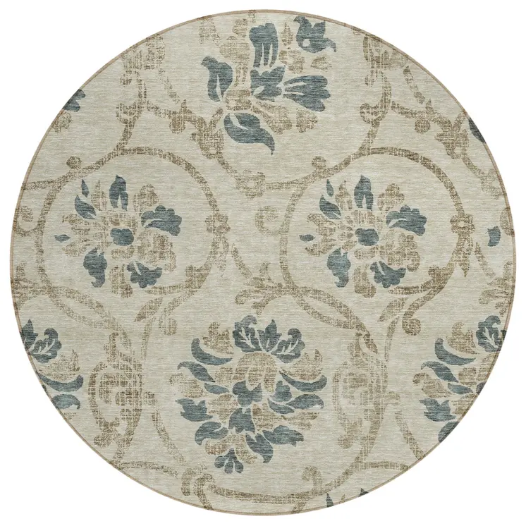 8' Beige Tan And Blue Round Floral Washable Indoor Outdoor Area Rug