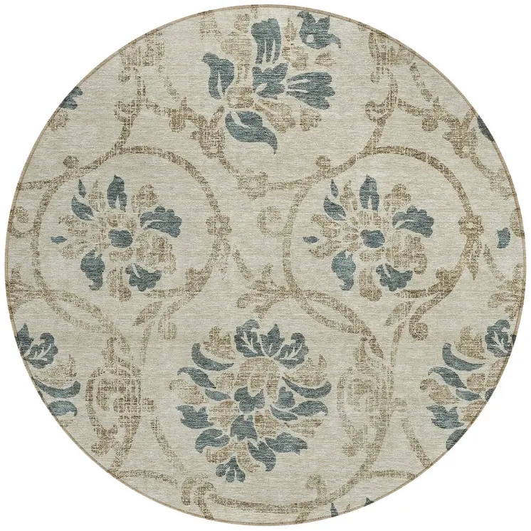 8' Beige Tan And Blue Round Floral Washable Indoor Outdoor Area Rug