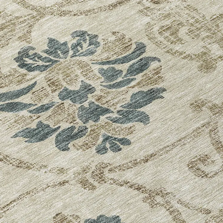 8' Beige Tan And Blue Round Floral Washable Indoor Outdoor Area Rug
