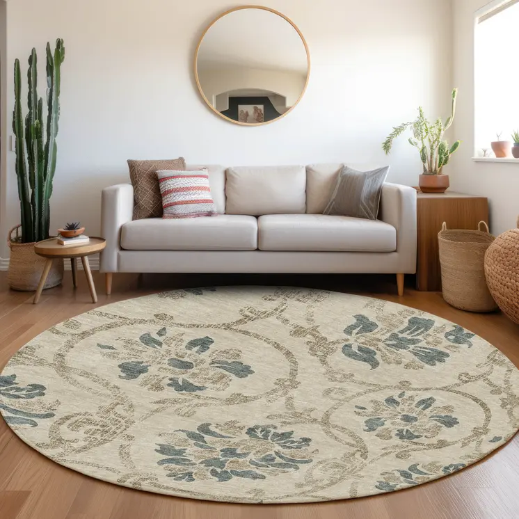 8' Beige Tan And Blue Round Floral Washable Indoor Outdoor Area Rug
