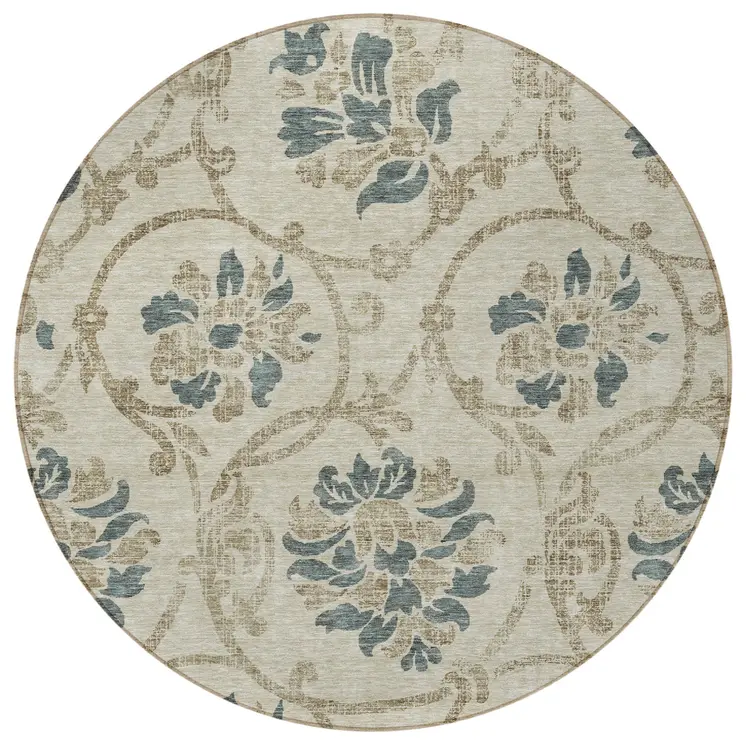 8' Beige Tan And Blue Round Floral Washable Indoor Outdoor Area Rug