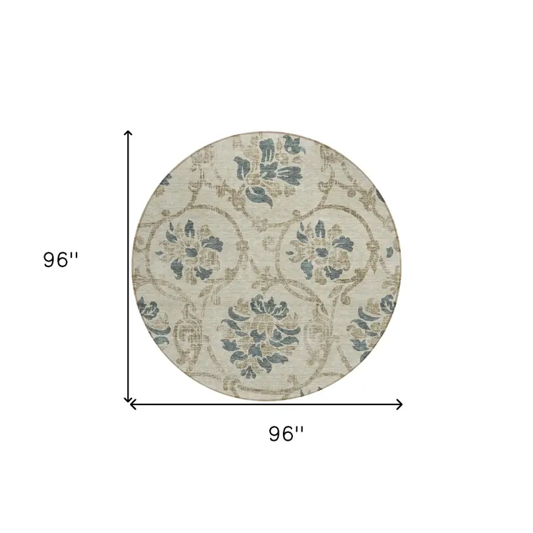 8' Beige Tan And Blue Round Floral Washable Indoor Outdoor Area Rug