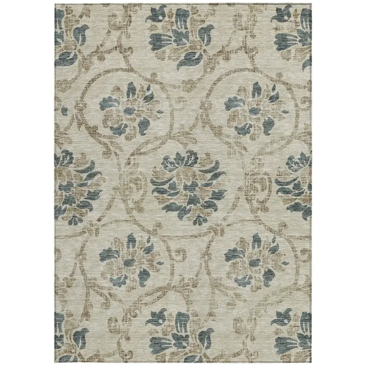 8' X 10' Beige Tan And Blue Floral Washable Indoor Outdoor Area Rug