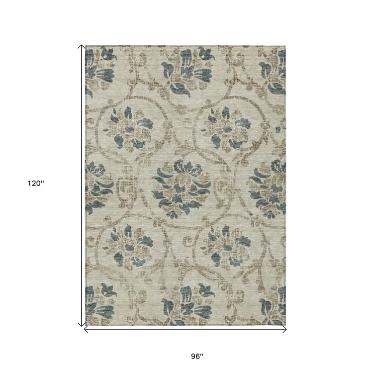 8' X 10' Beige Tan And Blue Floral Washable Indoor Outdoor Area Rug