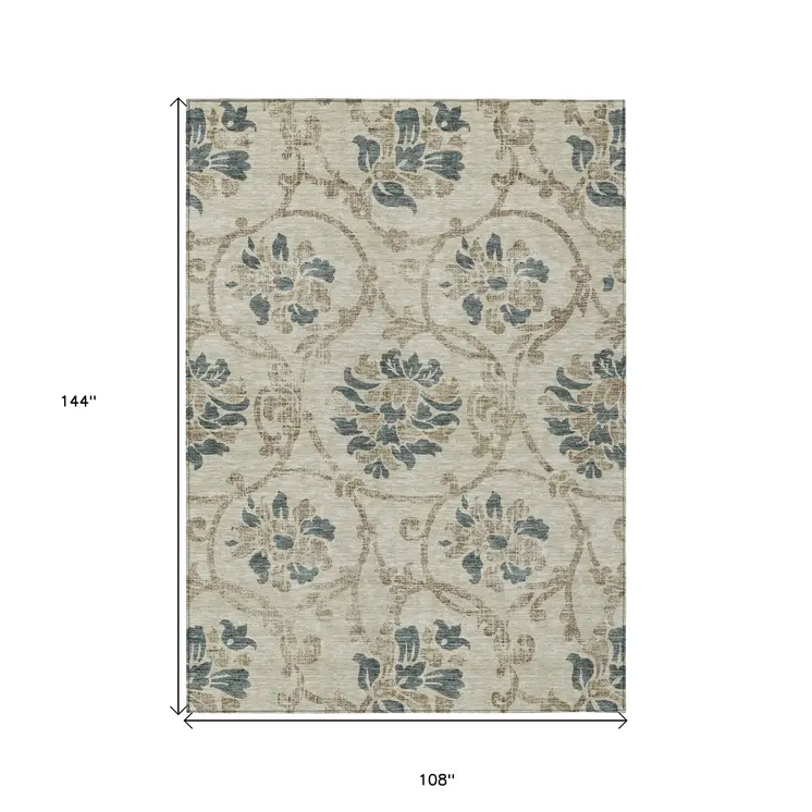 9' X 12' Beige Tan And Blue Floral Washable Indoor Outdoor Area Rug