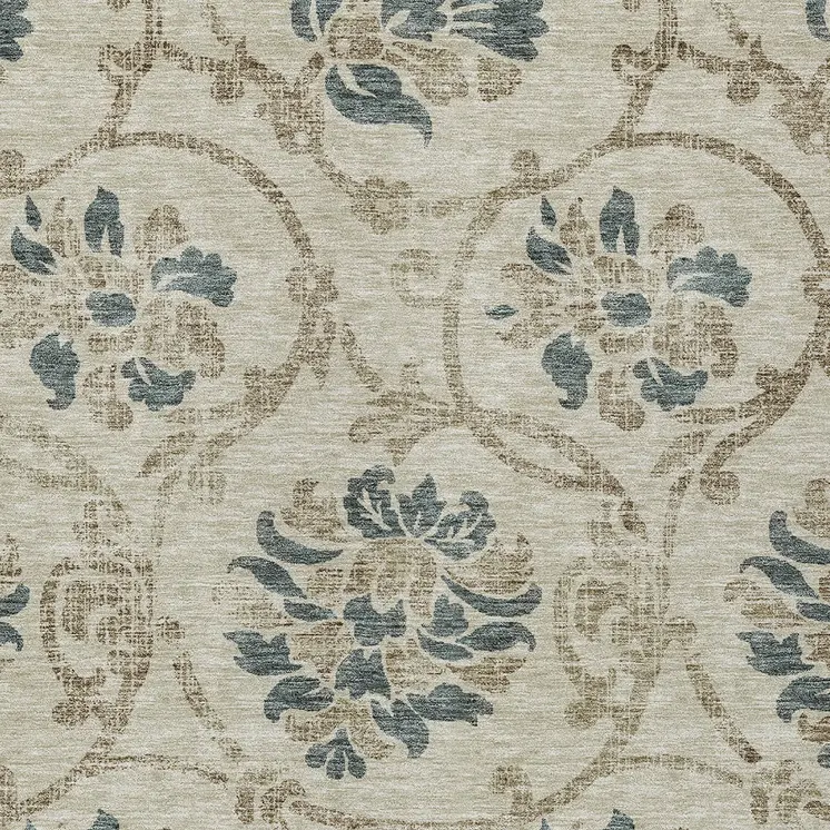 9' X 12' Beige Tan And Blue Floral Washable Indoor Outdoor Area Rug