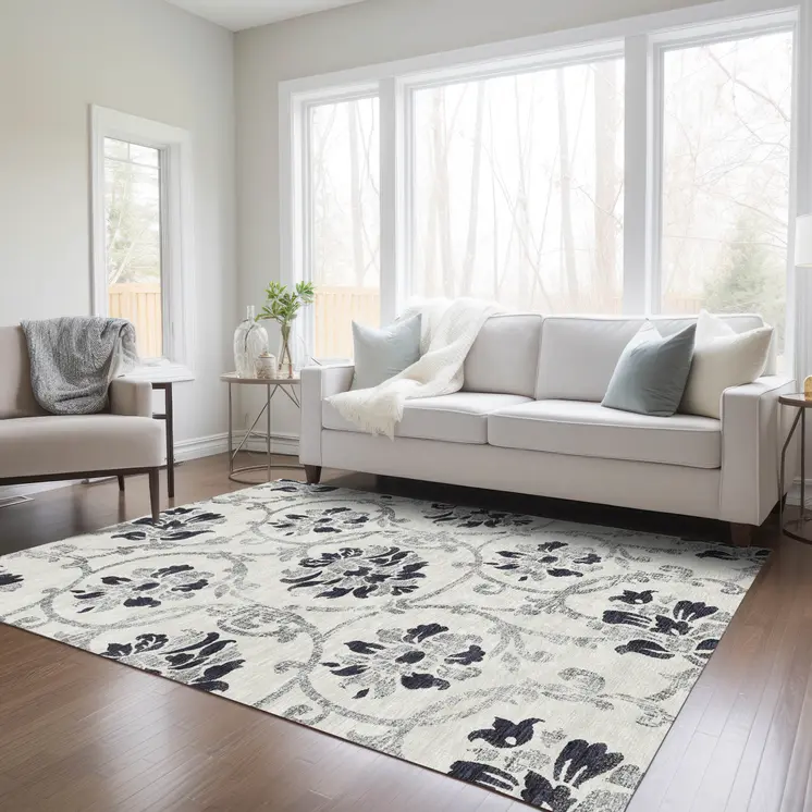 3' X 5' Black Silver And Charcoal Floral Washable Indoor Outdoor Area Rug